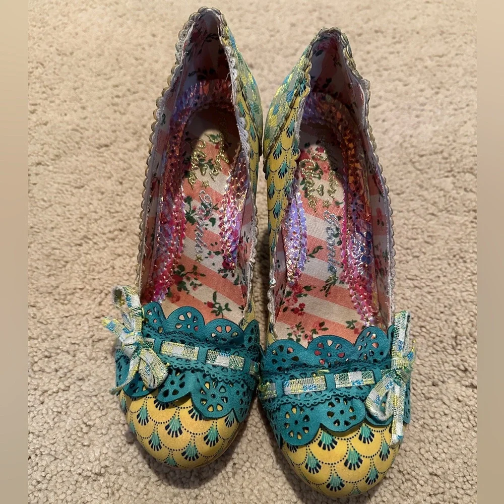 Irregular Choice Yellow and Teal Heels with Bow - Picture 2 of 11